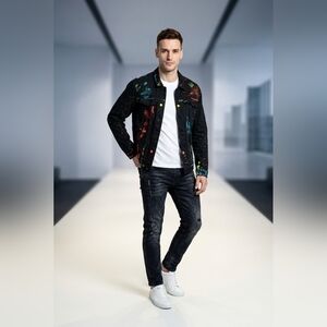 🖤 moke Rise Black Paint Splatter Denim Jacket – Men’s Size 2XL | Streetw